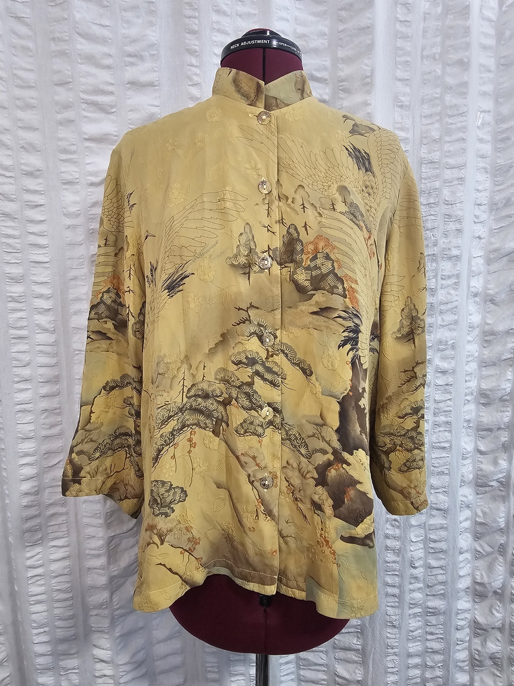 Vintage 90s 100% Silk Art to Wear Boho Lagenlook Crane Birds Motif Print Top